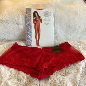 Fishnet Crotchless Body Stocking &Cheekie lace panties set RED/L